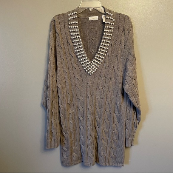 Apart V-Neck pearl sweater taupe cable knit long line preppy cotton blend - Picture 1 of 12